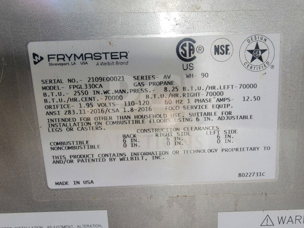 Label on Frymaster gas propane equipment indicating model FPGL330CA, serial 2109E00021, and certification logos.
