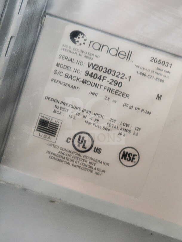 Label on a Randell S/C Back-Mount Freezer model 9404F-290, serial W2030322-1. UL and NSF certified. Made in USA.