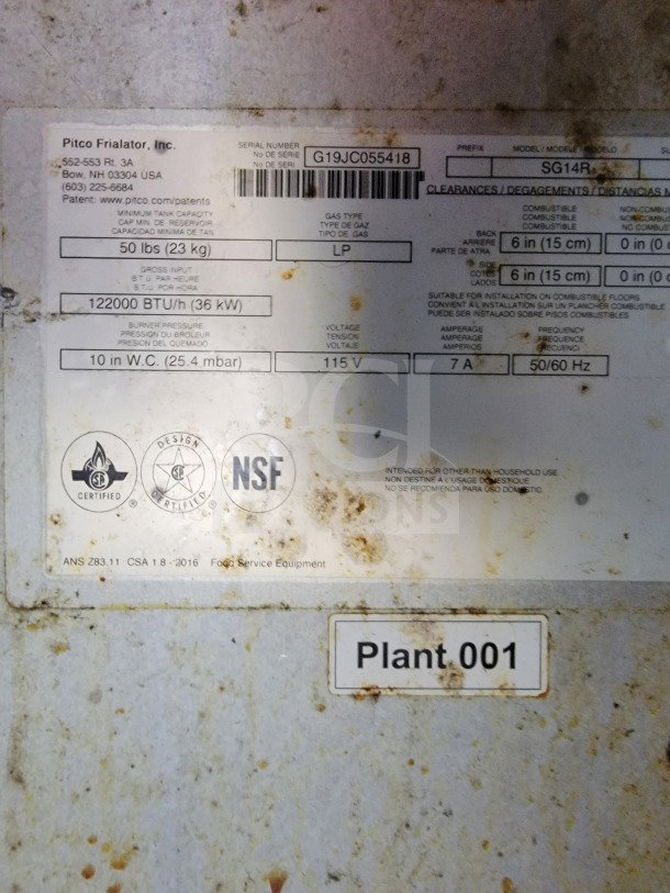 Label showing specifications for a Pitco Frialator SG14R model, with serial number G19JC055418. Certified for food service use.
