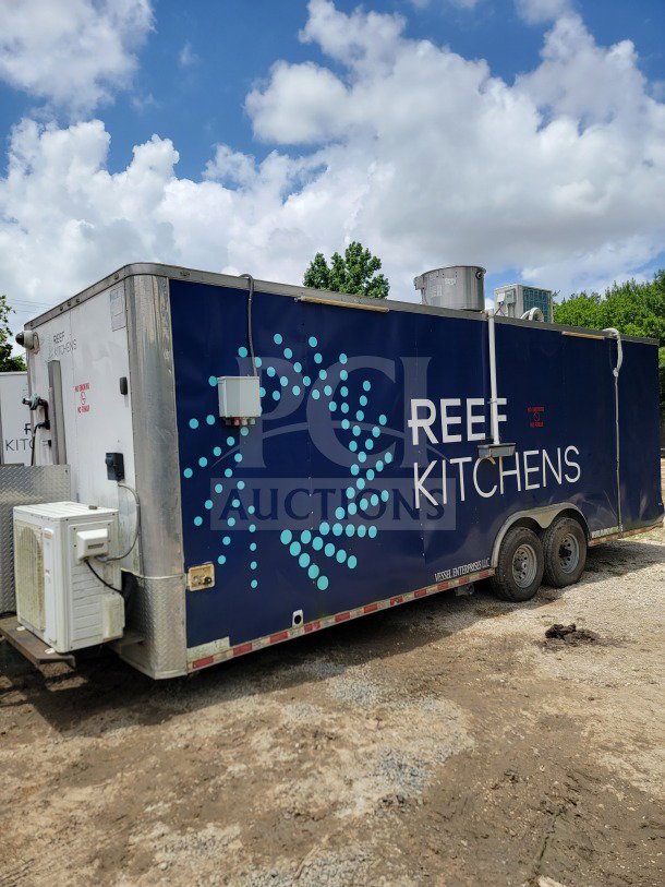 2019 Diamond Cargo 8.5' x 24' mobile kitchen trailer, dual-axle, blue with "REEF KITCHENS" logo, good condition.