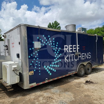 2019 Diamond Cargo 8.5' x 24' mobile kitchen trailer, dual-axle, blue with "REEF KITCHENS" logo, good condition.