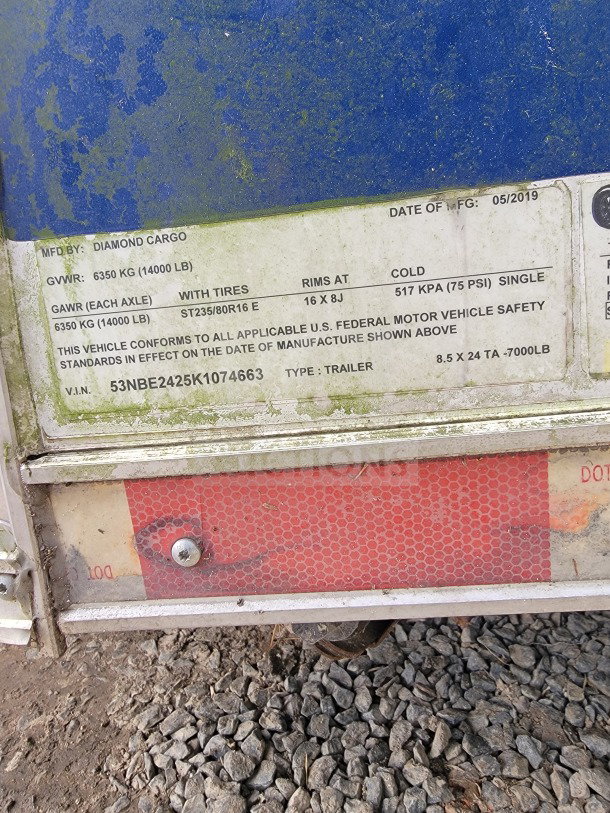 2019 Diamond Cargo 8.5' x 24' mobile kitchen trailer label showing manufacturing details, VIN: 53NBE2425K1074663.