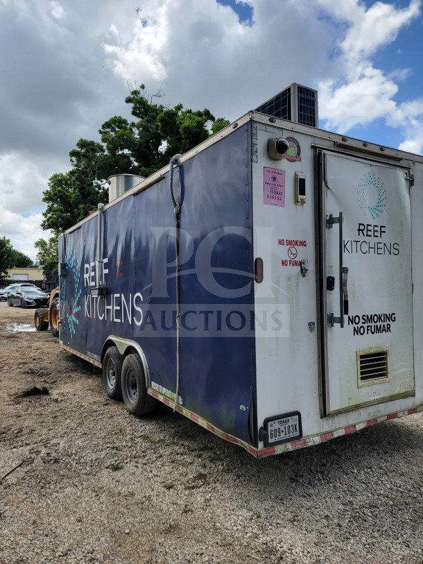 2019 Diamond Cargo 8.5' x 24' dual-axle mobile kitchen trailer, "REEF Kitchens" branding, "No Smoking" signs, VIN 53NBE2425K1074663.