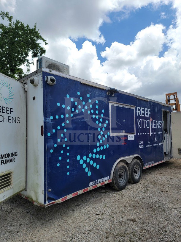 2019 Diamond Cargo 8.5' x 24' dual-axle mobile kitchen trailer, "REEF Kitchens" branding, equipped for ghost kitchen use.
