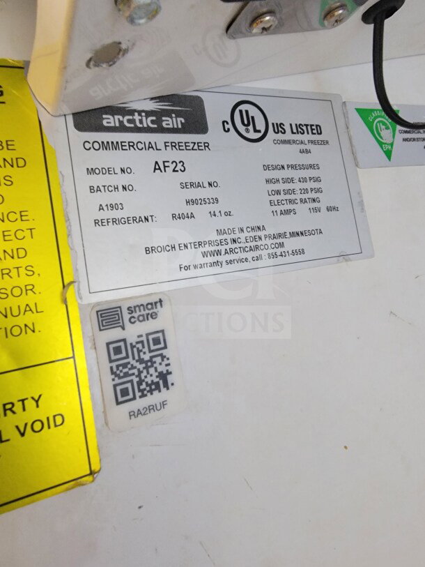 Arctic Air commercial freezer label showing Model AF23, Serial H9025339, R404A refrigerant, 115V, and UL certification.