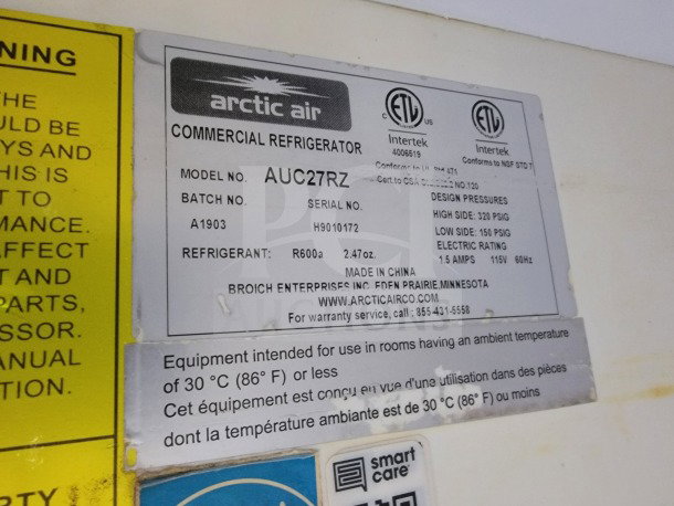 Arctic Air Commercial Refrigerator label, model AUC27RZ, refrigerant R600a, 115V, made in China.