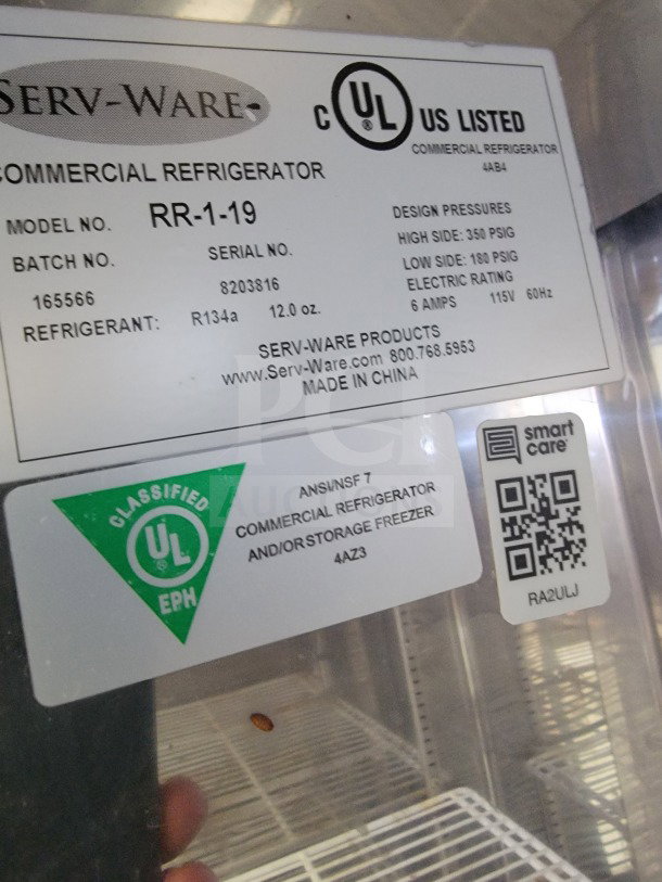 UL-listed Serv-Ware Commercial Refrigerator label. Model RR-1-19, serial 8203816, R134a refrigerant. Made in China.