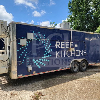 2019 Diamond Cargo 8.5' x 24' commercial kitchen trailer with tandem axles, exterior branding, and refrigeration units.