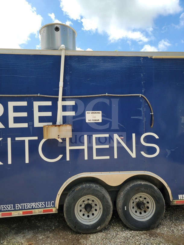 2019 Diamond Cargo 8.5' x 24' mobile kitchen trailer, blue exterior, tandem-axle, "NO SMOKING" sign visible.