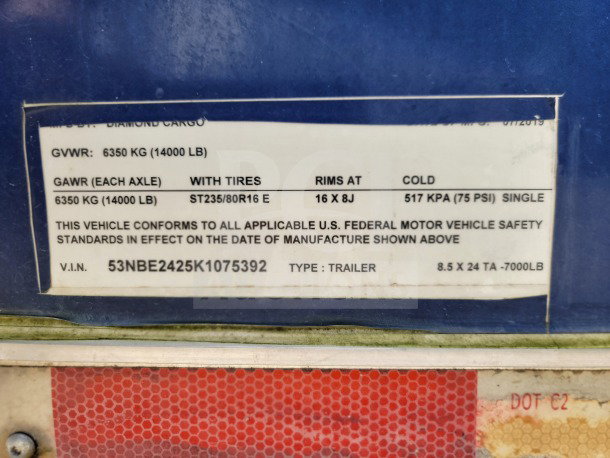 VIN label for 2019 Diamond Cargo 8.5' x 24' trailer, 14,000 LB GVWR. Features ST235/80R16E tires, 16x8J rims at 517 KPA. VIN: 53NBE2425K1075392.
