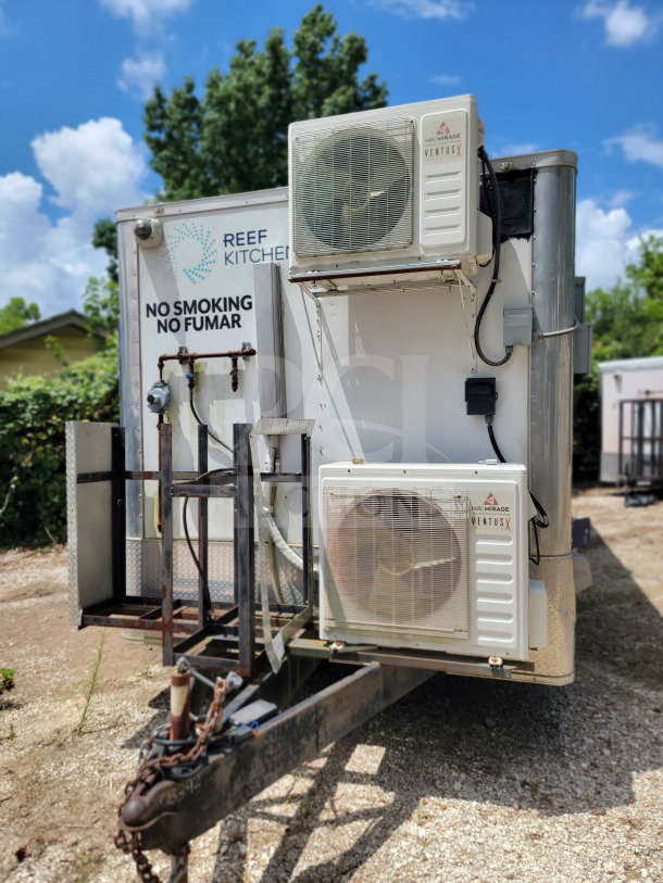 2019 Diamond Cargo mobile kitchen trailer, 8.5' x 24', tandem-axle, refrigeration units attached. "Reef Kitchen" branding visible.