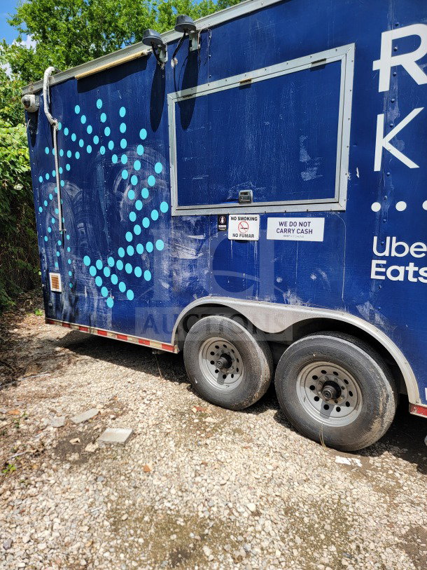 2019 Diamond Cargo 8.5' x 24' mobile kitchen trailer, tandem-axle, exterior signs of use, "No Smoking" and cash notice signs visible.
