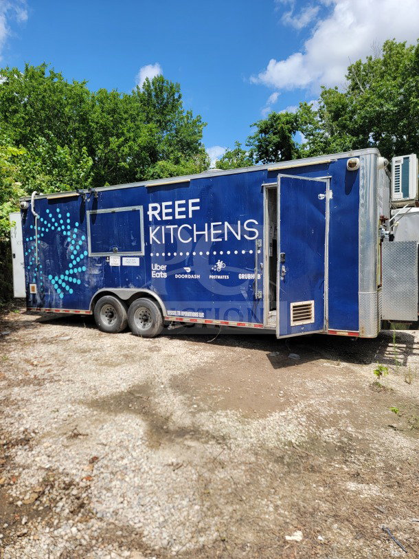 2019 Diamond Cargo 8.5' x 24' mobile kitchen trailer, blue exterior, tandem-axle, with branding and refrigeration unit.