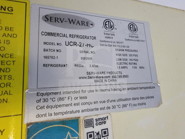 ALT Text: Serv-Ware commercial refrigerator label with model UCR-2/-HU, batch 165782-1, serial 9002045, R600a refrigerant.