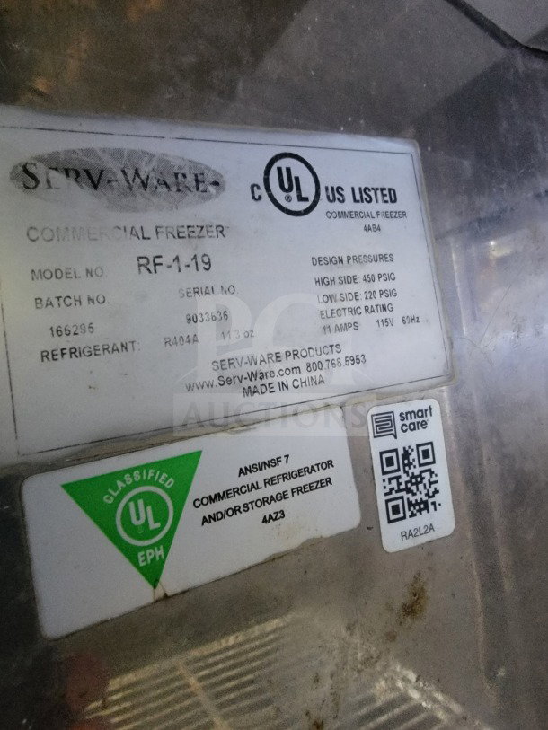 Serv-Ware RF-1-19 Commercial Freezer label, UL listed, batch 166295, R404A refrigerant. ANSI/NSF 7 classified. Made in China.