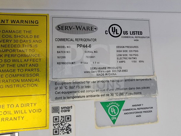 Commercial refrigerator label from Serv-Ware products, model PP44-6, 115V, R134a refrigerant, UL listed, made in China.