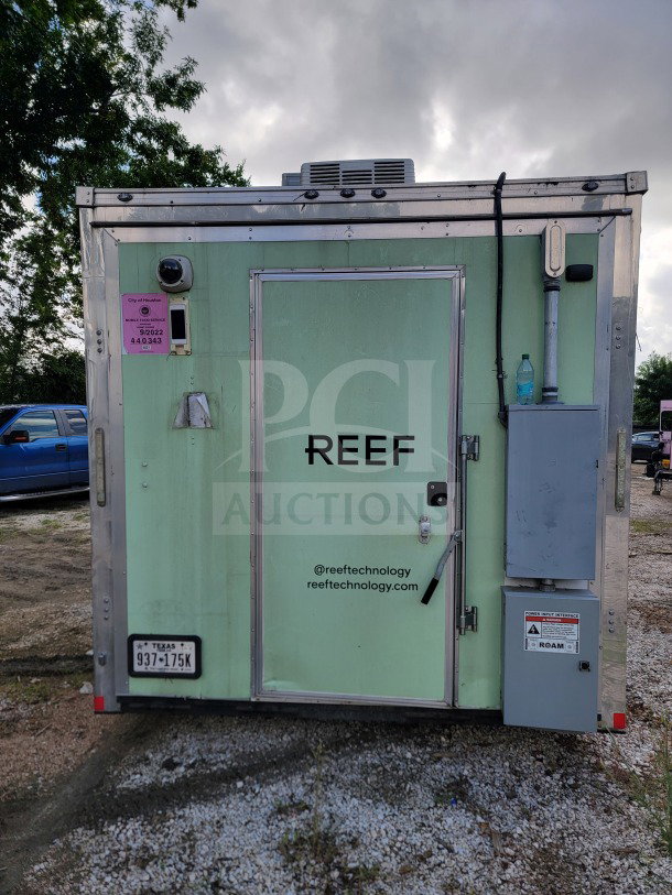 2021 Forest River 8.5' x 24' mobile kitchen trailer, green exterior, corporate delivery configuration, Texas license plate.