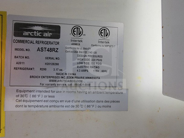 Arctic Air commercial refrigerator label, model AST48RZ, serial H20128298, design pressures 320/250 PSIG.