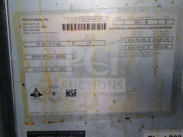 Label for Pitco Frialator, Inc., showing serial number G21AD001601, 90,000 BTU/hr, NSF certification, for commercial use.