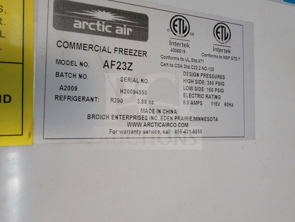 Arctic Air commercial freezer label, model AF23Z, refrigerant R290, made by Broich Enterprises in Eden Prairie, Minnesota.