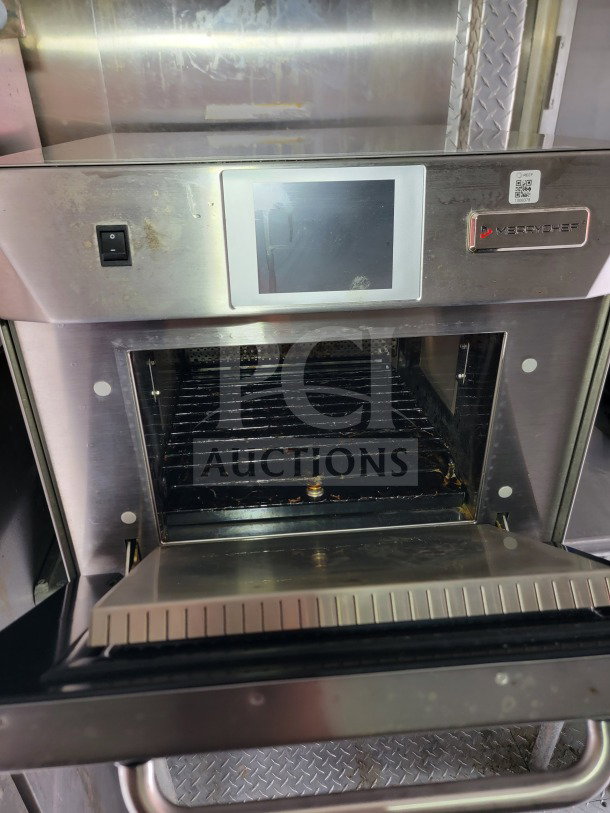 Merrychef oven inside 2021 Forest River mobile kitchen trailer. Features touchscreen and stainless steel design.