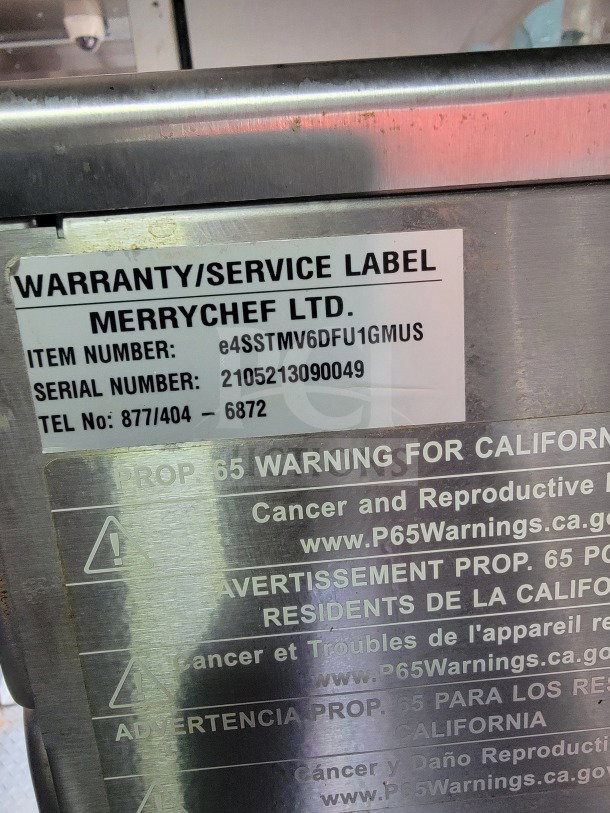 Warranty label for Merrychef Ltd. shows item and serial numbers. Includes Proposition 65 warning for California residents.