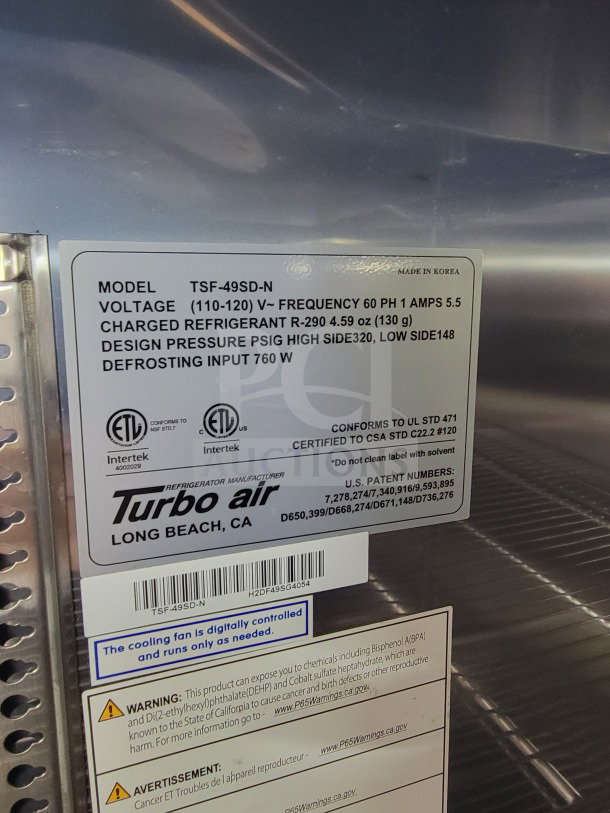 Turbo Air refrigeration label on 2021 SDG trailer, model TSF-49SD-N, voltage 110-120V, made in Korea.