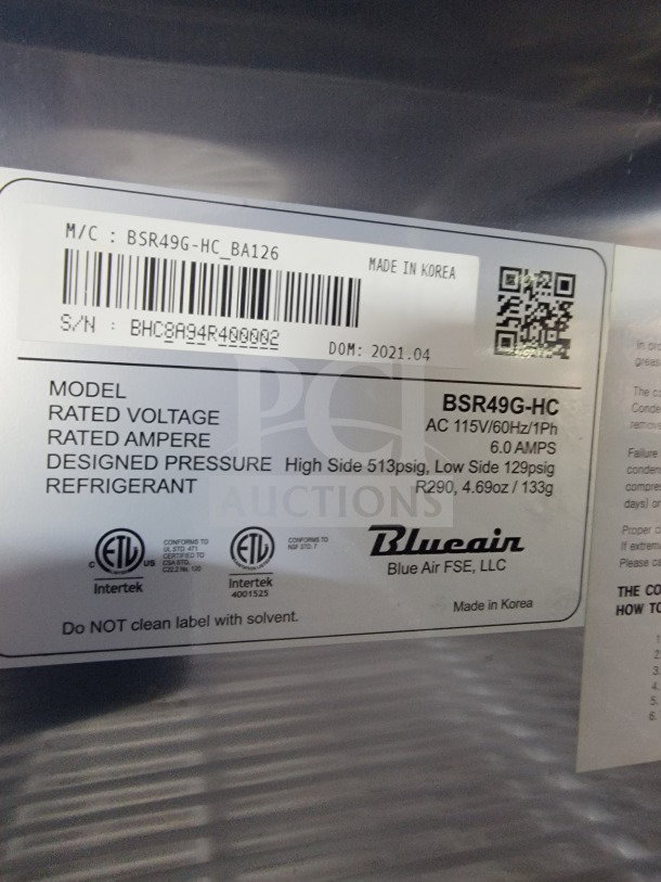 Label on Blueair refrigeration unit. Model BSR49G-HC, 115V, 60Hz, 6.0 Amps. Made in Korea, April 2021.