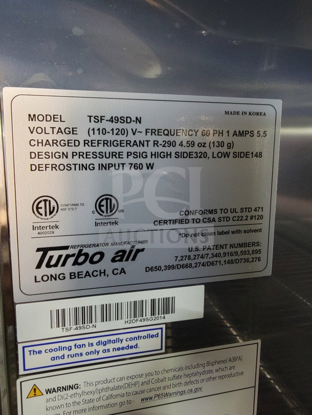 Label on Turbo Air refrigeration unit indicating model TSF-49SD-N. Voltage: 110-120V, 5.5 Amps. Made in Korea.