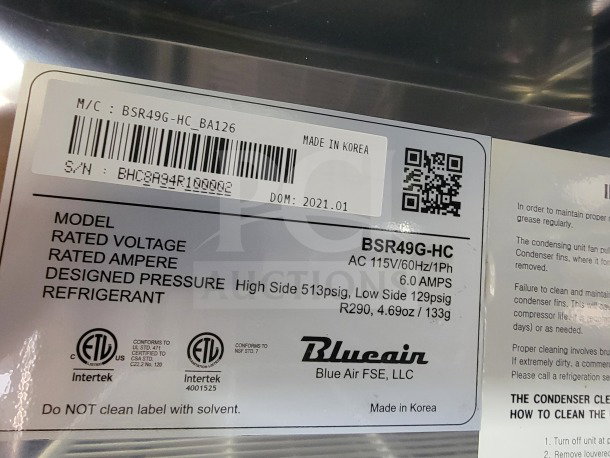 Label of Blueair refrigeration unit model BSR49G-HC, AC 115V, 60Hz, 6.0A, R290 refrigerant, made in Korea.