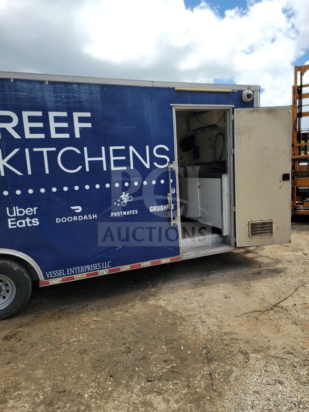 2019 Diamond Cargo 8.5' x 24' mobile kitchen trailer, commercial setup, open side door, exterior branding visible.