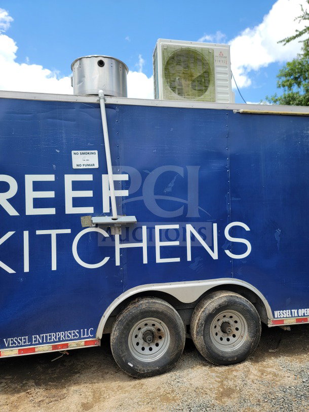 2019 Diamond Cargo 8.5' x 24' Tandem-Axle Mobile Kitchen Trailer in blue, side view, with external ventilation and signage.