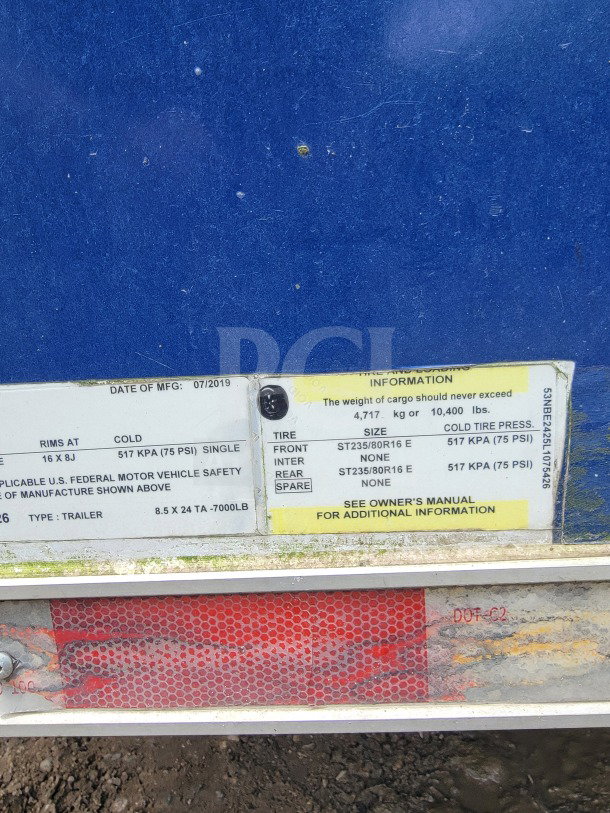 2019 Diamond Cargo 8.5' x 24' mobile kitchen trailer label, details tire specs and max weight 10,400 lbs, VIN shown.