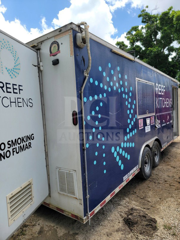 2019 Diamond Cargo 8.5' x 24' tandem-axle mobile kitchen trailer with American Range and Serv-Ware, used condition.