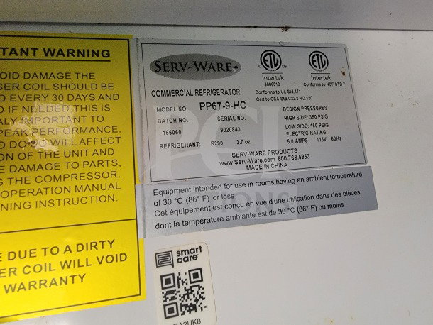 Serv-Ware commercial refrigerator label, Model PP67-9-HC, batch 166060, R290 refrigerant, 3.7 oz, 115V, 60Hz, made in China.