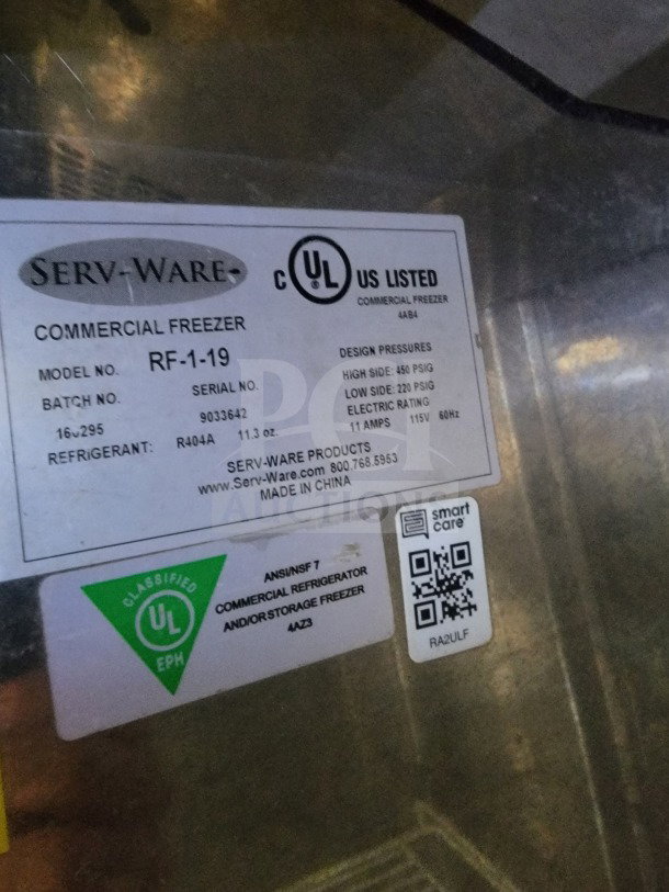 Alt Text: Serv-Ware commercial freezer label, model RF-1-19, featuring UL certification, specifications, and QR code.
