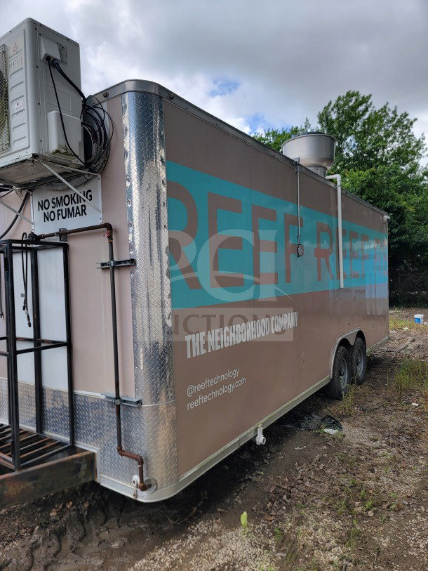 BT&S Model 24 mobile kitchen trailer, 2021, 8.5' x 24', tandem-axle, HVAC Mirage VentusX, VIN 1N9BE2428MD391107, no smoking sign.