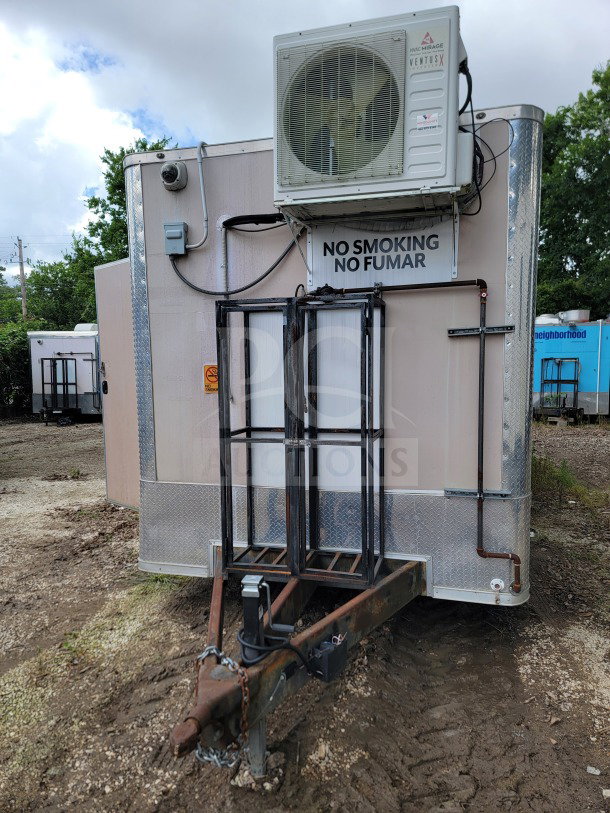 2021 BT&S 8.5' x 24' mobile kitchen trailer with HVAC Mirage VentusX, VIN 1N9BE2428MD391107. "No Smoking" signage visible.