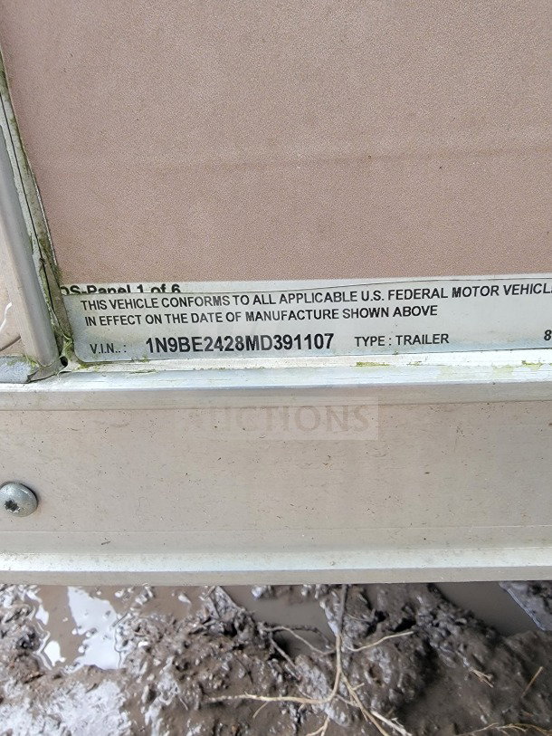 VIN label on 2021 BT&S 8.5' x 24' Tandem-Axle Mobile Kitchen Trailer. Includes type and compliance details.