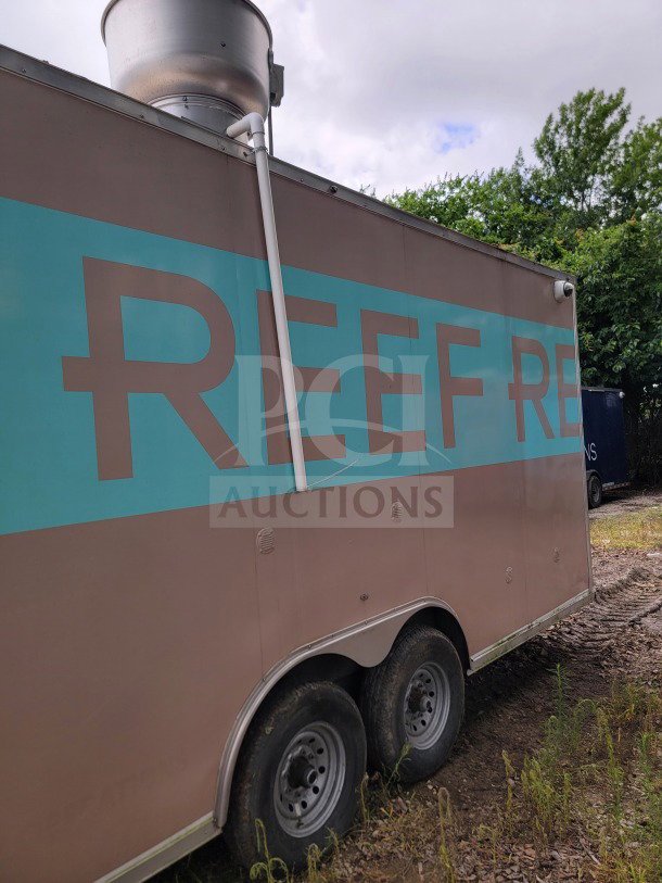 BT&S 2021 8.5' x 24' mobile kitchen trailer, tandem-axle, HVAC Mirage VentusX, beige with "REEF" text.