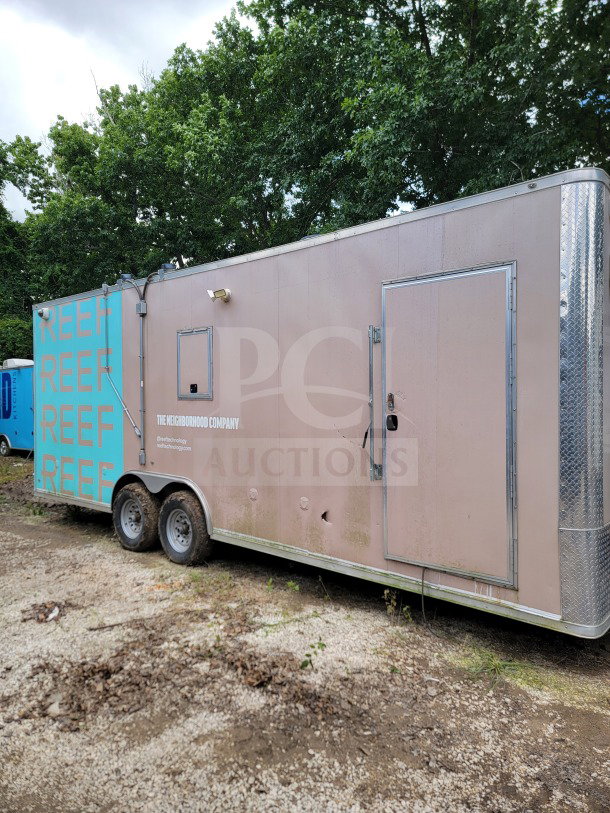 2021 BT&S 8.5' x 24' tandem-axle mobile kitchen trailer, HVAC Mirage VentusX, REEF branding. VIN 1N9BE2428MD391107.