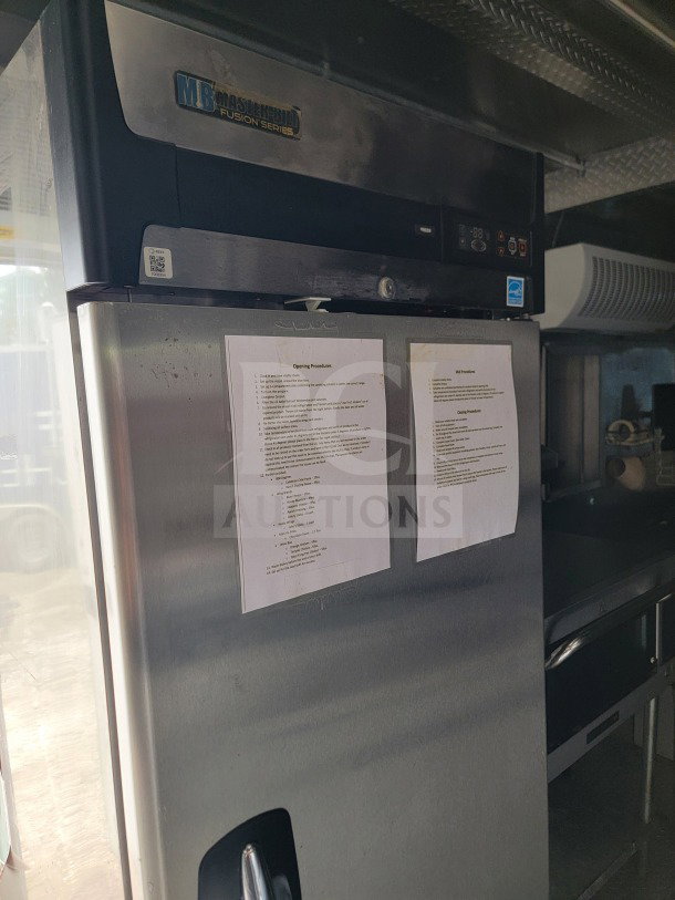 2021 BT&S 8.5' x 24' mobile kitchen trailer interior, featuring Mastekebuilt fridge, HVAC Mirage VentusX. Tags with procedures visible.