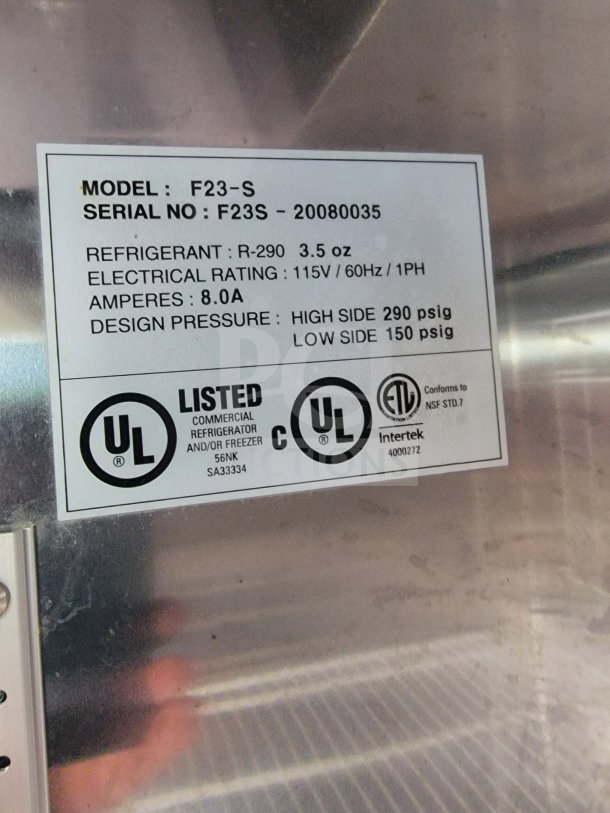 Label on BT&S mobile kitchen trailer, Model: F23-S, Serial: F23S-20080035. Refrigerant: R-290, 3.5 oz, UL Listed.