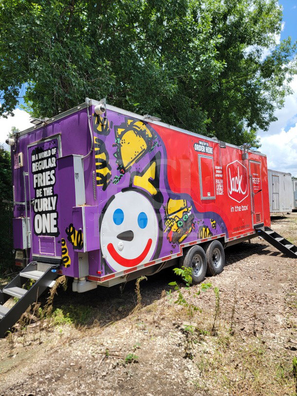 2021 Titanium Cargo 8.5' x 24' tandem-axle mobile kitchen trailer with Jack in the Box graphics, 3-phase power, VIN 7PLBC2421MM000429.