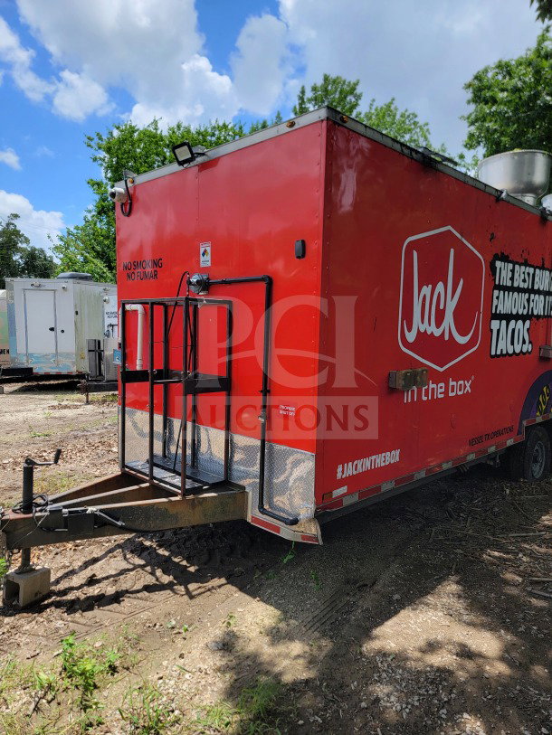2021 Titanium Cargo 8.5' x 24' mobile kitchen trailer, red, CaptiveAire hood, Randell & Frymaster suite, corporate branding.