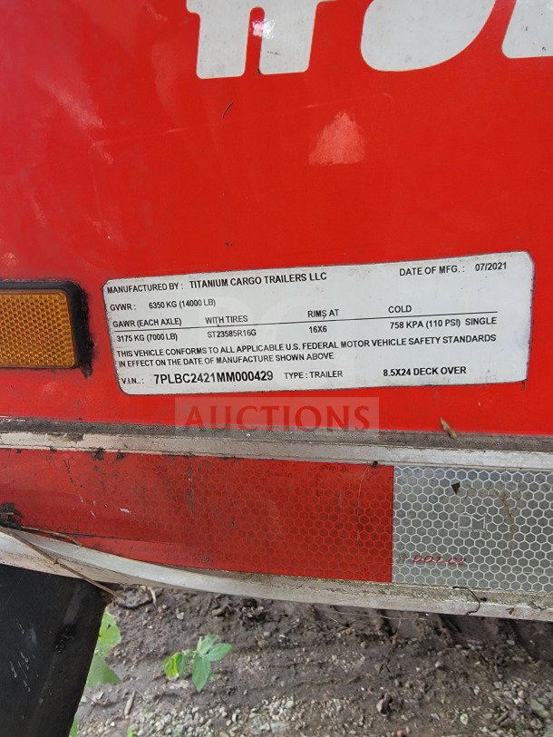 2021 Titanium Cargo 8.5' x 24' Tandem-Axle Trailer ID plate. Shows specs, VIN 7PLBC2421MM000429, manufactured 07/2021.