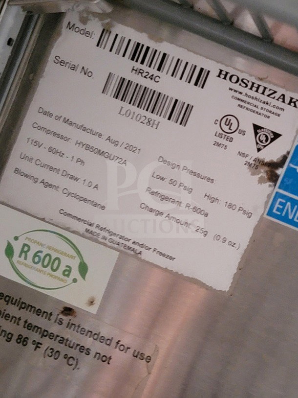 Label details of a Hoshizaki commercial refrigerator. Model: HR24C, Serial No: L01028H. Manufactured: Aug 2021.