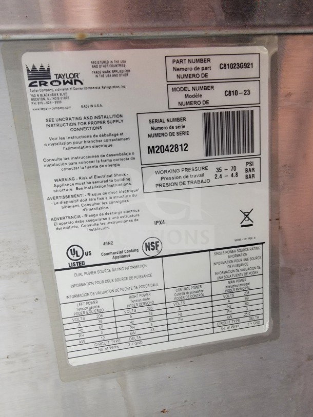 Label close-up of the Taylor Crown commercial appliance, showing specifications, model C810-23, and serial number M2042812.