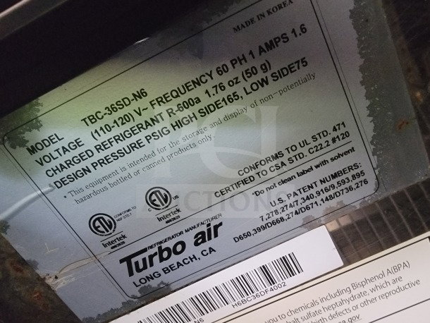 Label for Turbo Air refrigerator showing model TBC-36SD-N6, voltage 110-120V, refrigerant R-600a, made in Korea.