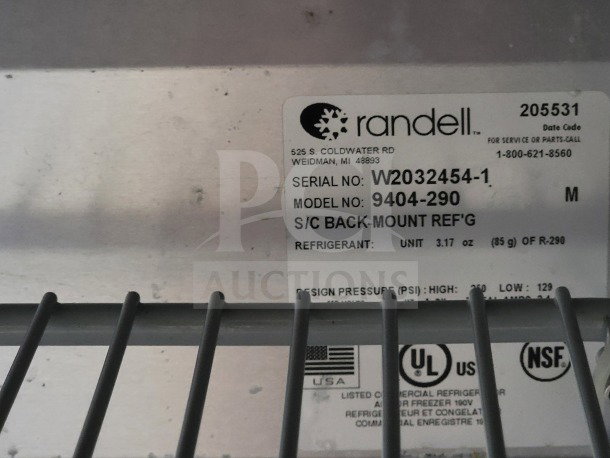 Randell label showing model 9404-290, serial W2032454-1, and refrigerant details. Certifications include UL and NSF.